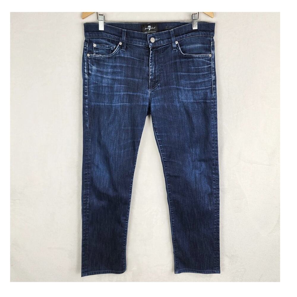 7 For All Mankind Slimmy Slim Straight Jeans Men 33X30 Distressed Blue Denim USA